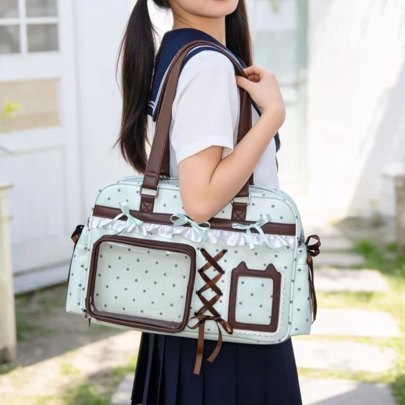Anime Ita-Tasche mit transparentem Sichtfenster, Schultertasche mit Polka-Dot-Muster, Schleifen- und Spitzenbesatz, süße Lolita-Handtasche für Mädchen – Detail 4