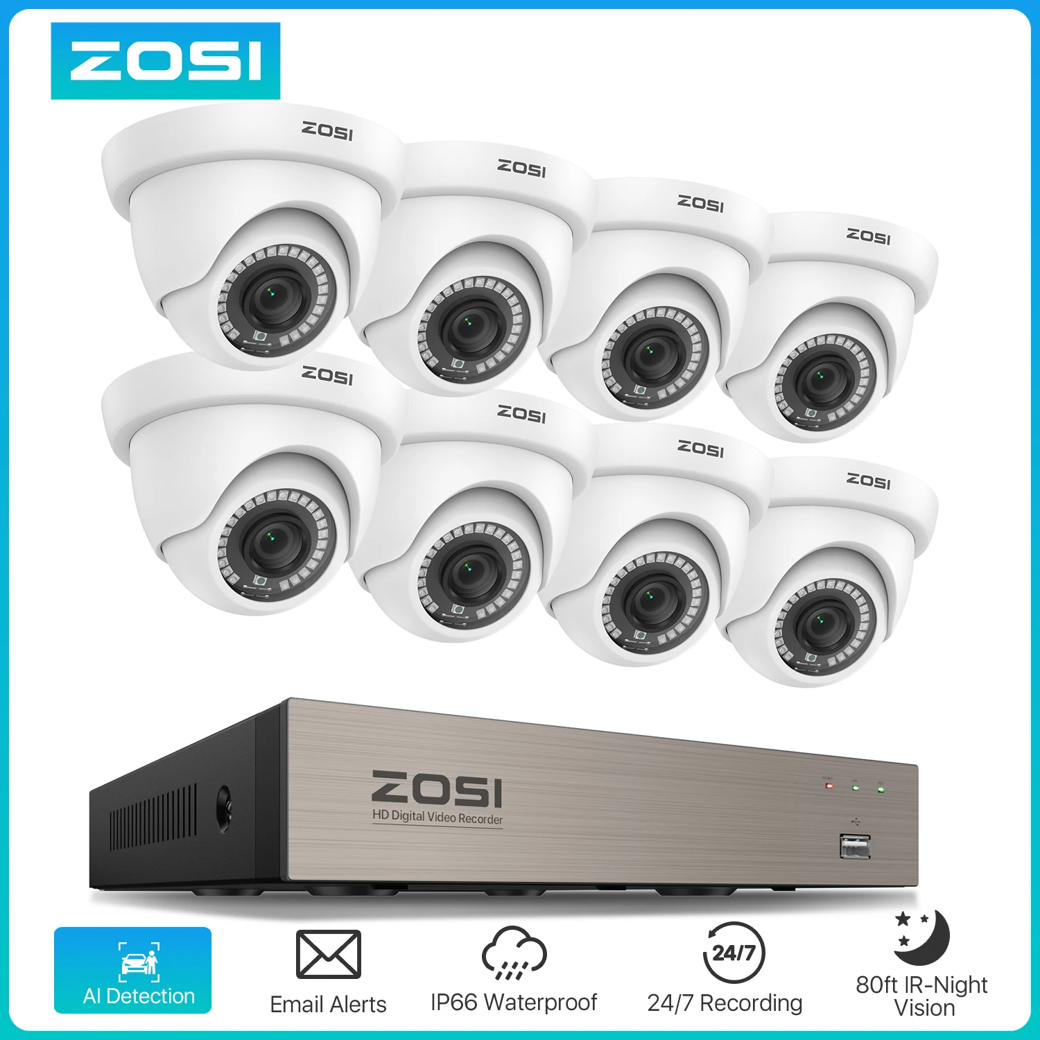 ZOSI 8CH 1080P Wired Security Camera System H.265+ 8CH 5MP Lite HD CCTV DVR Recorder 2MP Indoor/Outdoor Dome Surveillance Camera