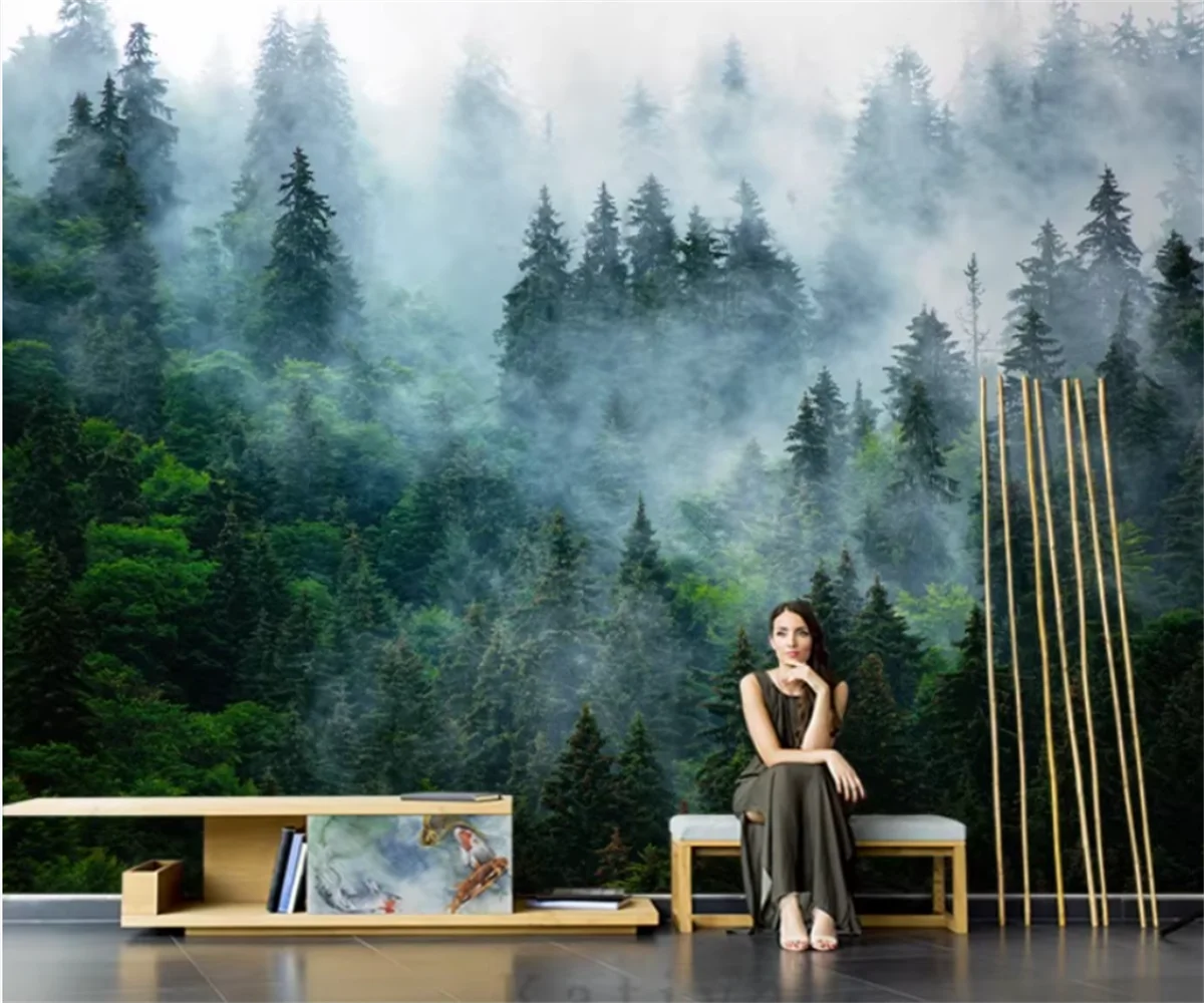 Customized mural wallpaper misty forest bird three-dimensional plant art painting TV hotel background wall decoration wallpaper