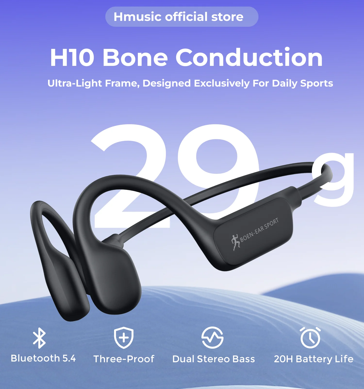 Hmusic H10 Bone Conduction Earphone 29g Ultra Light Open Ear Bluetooth 20H Long Playtime IP67 waterproof for Running Gym Cyclin