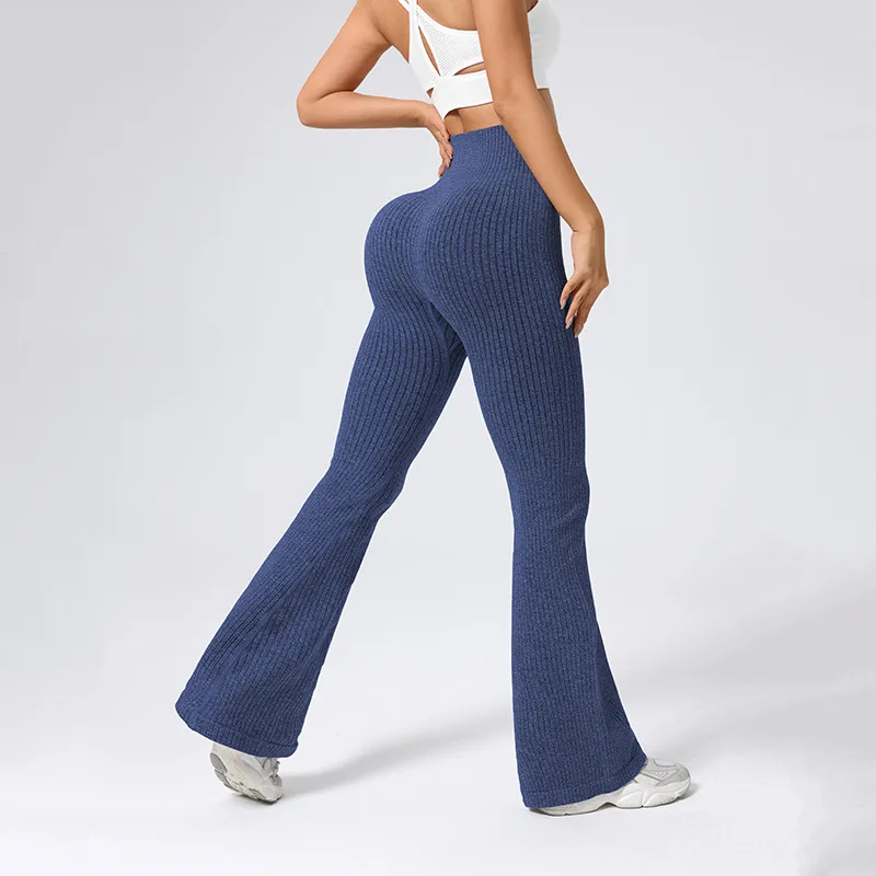 Women Winter Striped Flared Leggings Gym Fitness Athletic Workout Trousers Yoga Pants Knitted Sports Training Tights Sportswear