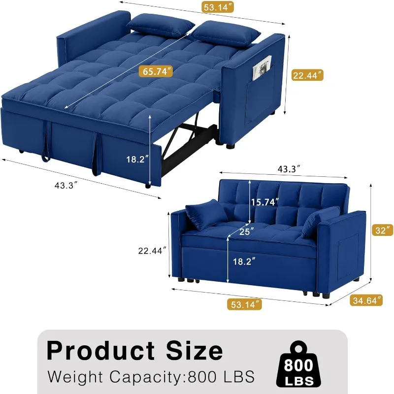 3 in 1 Convertible Sleeper Sofa Bed, Futon Couches for Living Room with Side Pocket | Adjustable Backrest| Velvet Fabric