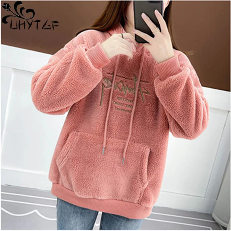 

UHYTGF Autumn Winter Hoodie Jackets Women Hooded Pullover Plush Warm Sweatshirts Female Embroider Lambswool Outerwear Ladies 221