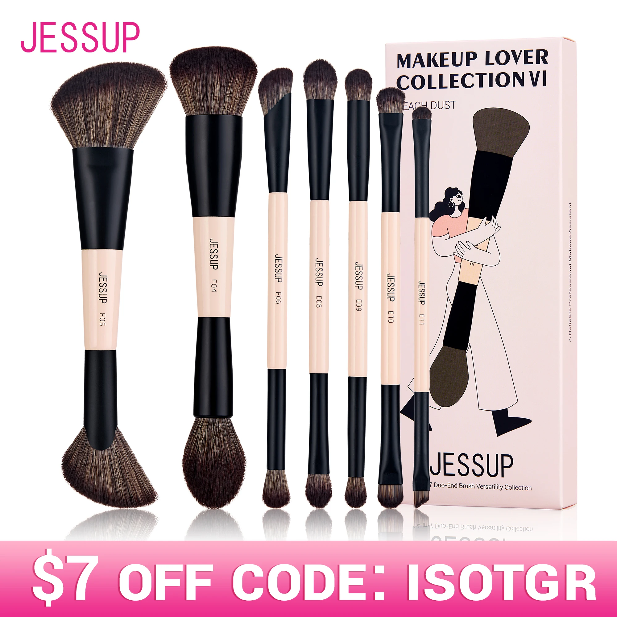 Jessup Makeup Brushes Set, 3/5/7pcs Double Sided Makeup Brush Foundation Eyeshadow Powder Blending,Cruelty-Free Peach Dust T600