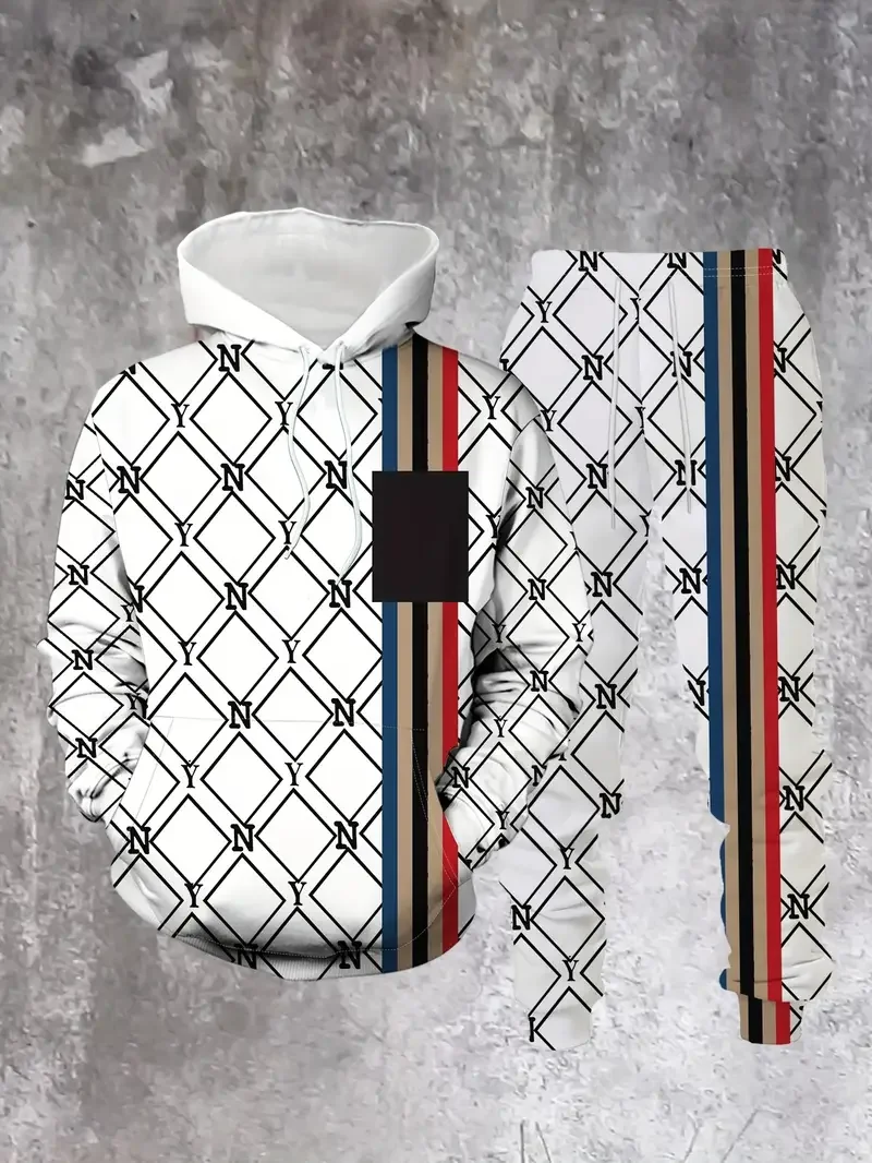 الرجال كتلة اللون 2 قطعة ثلاثية الأبعاد طباعة مقنعين البلوز Sweatpants مجموعة الخريف/الشتاء فضفاض عادية اللياقة البدنية في الهواء الطلق ملابس رياضية