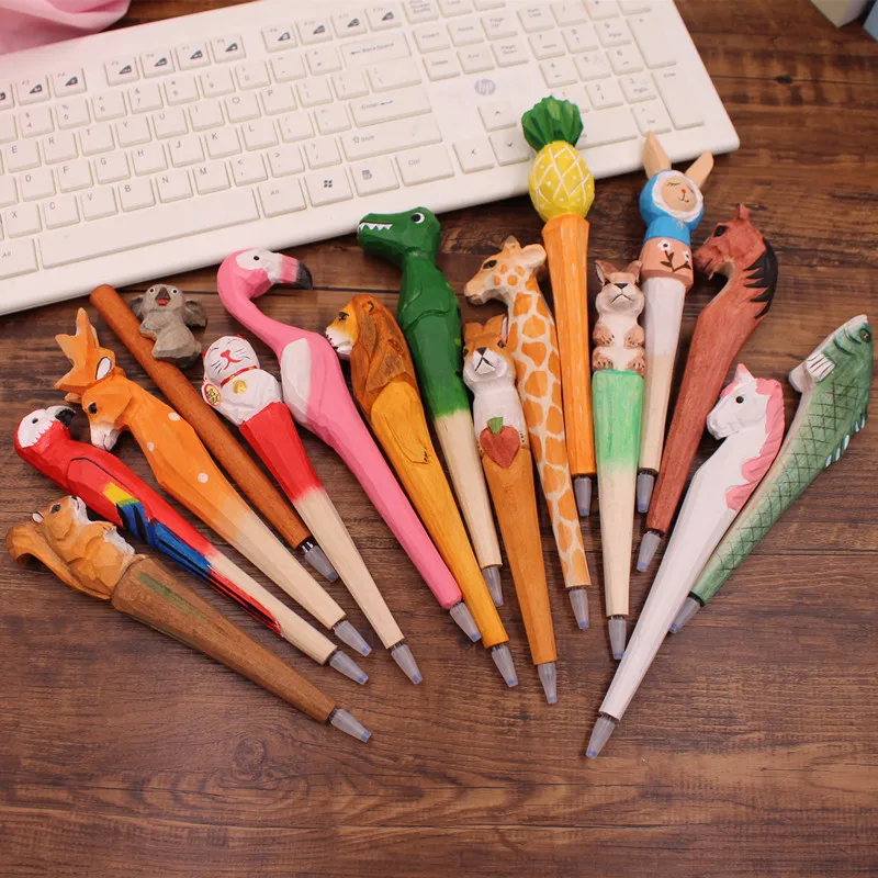 Wood Carving Animal Pen Handmade Wooden Art Black Color Gel Ink Pens for Writing Signature Decoration Office School Gift F029