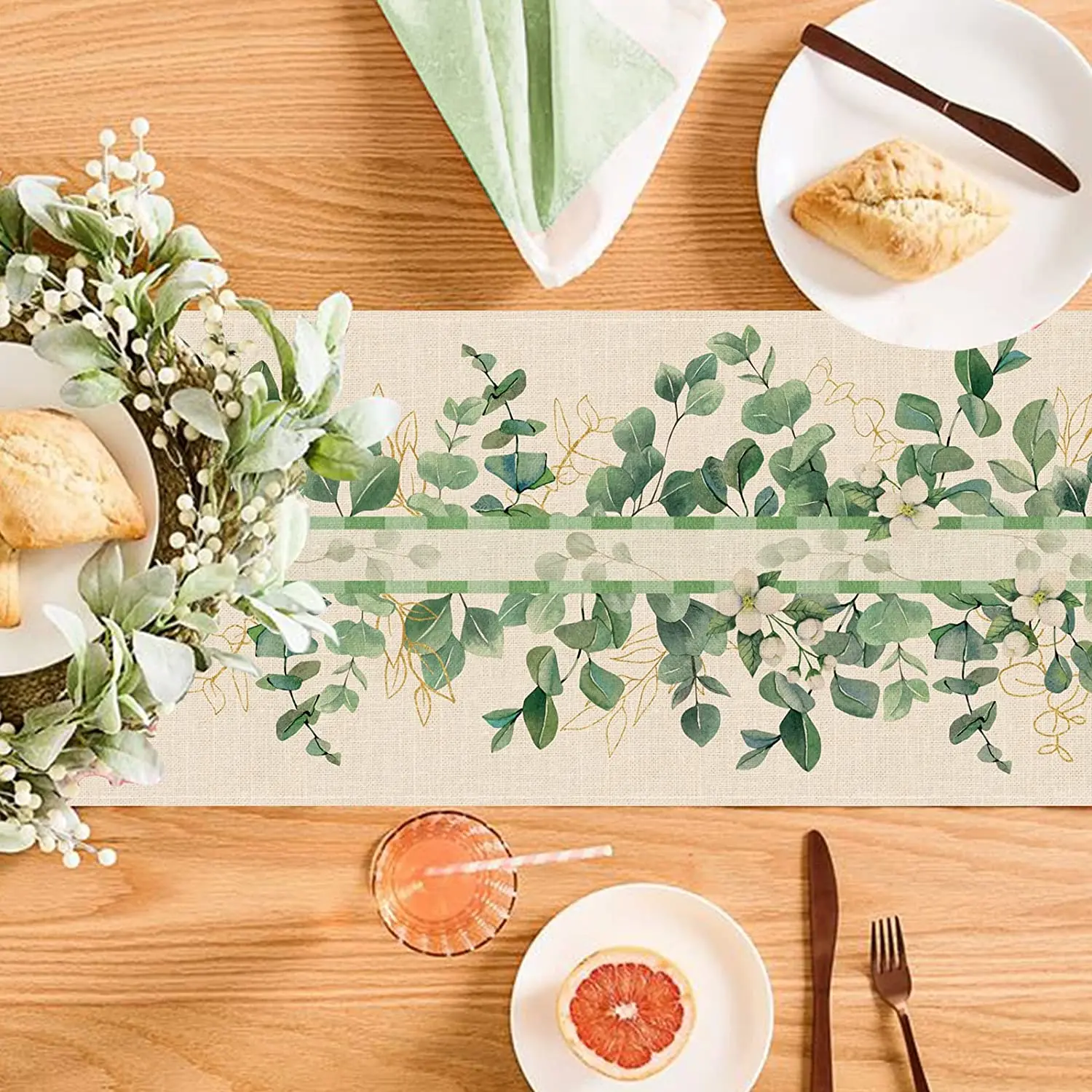 Dogwood Flower Linen Table Runner, Anniversary Holiday Kitchen Table Decoration Table Runner Home Dinner Party Accessories