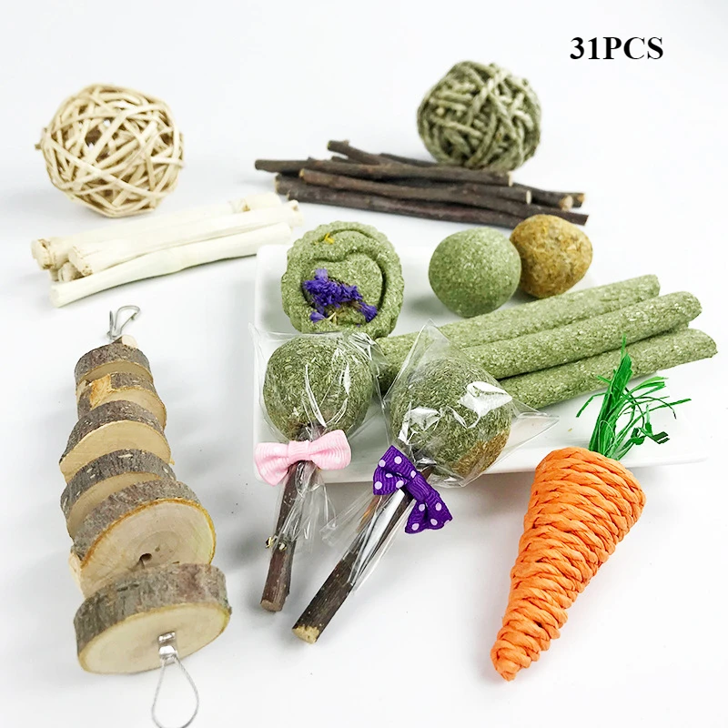 8/9/14/31 Uds juguetes para masticar conejos juguetes molares palos de heno naturales Kit de entrenamiento de dientes de hámster Chinchilla rata gerbil juguetes de conejito
