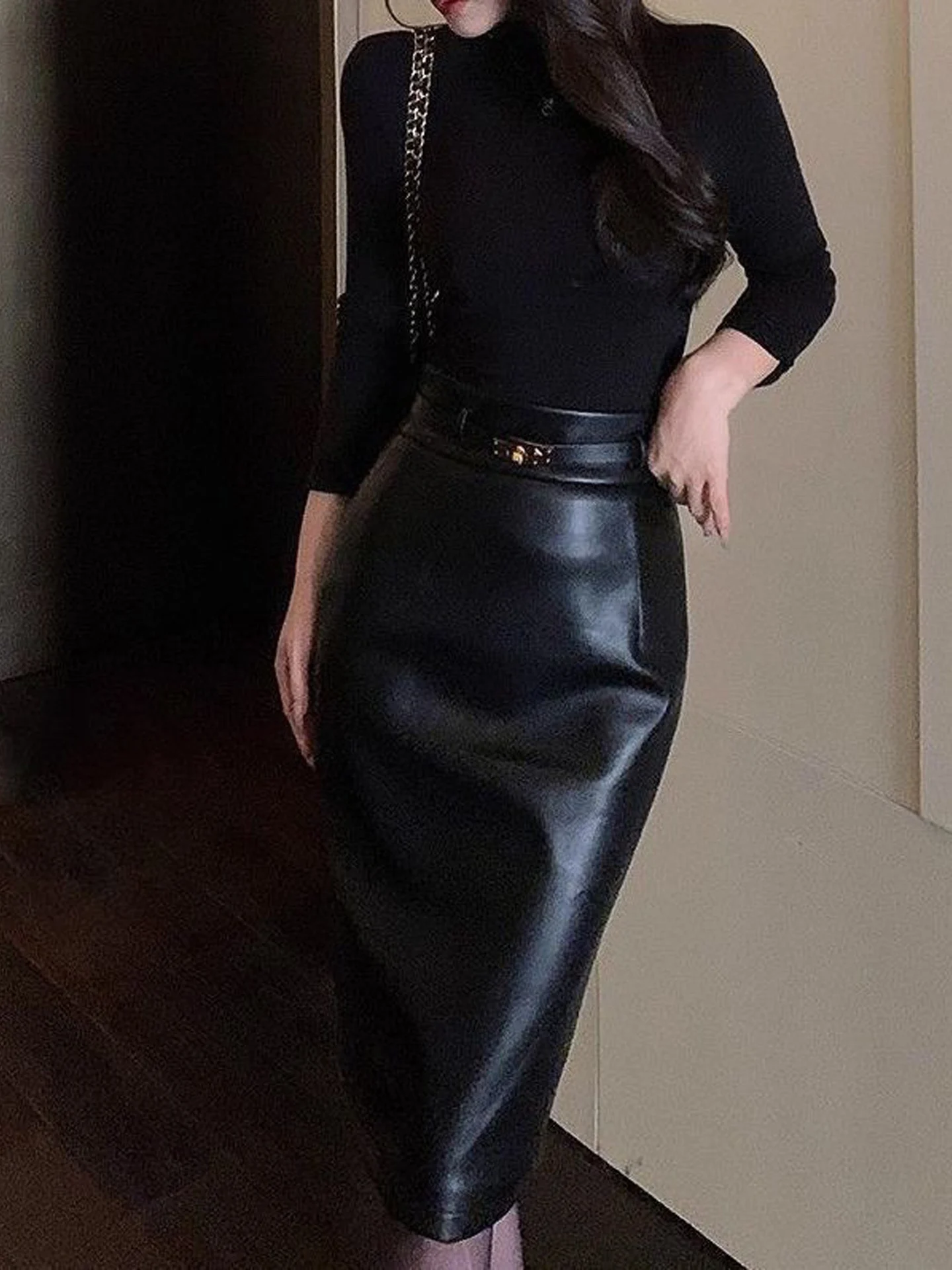Sexy Pure Desire PU Leather  Skirt Women's Fashionable Versatile Autumn New Mid-length Skirt American Style High Waist Frock