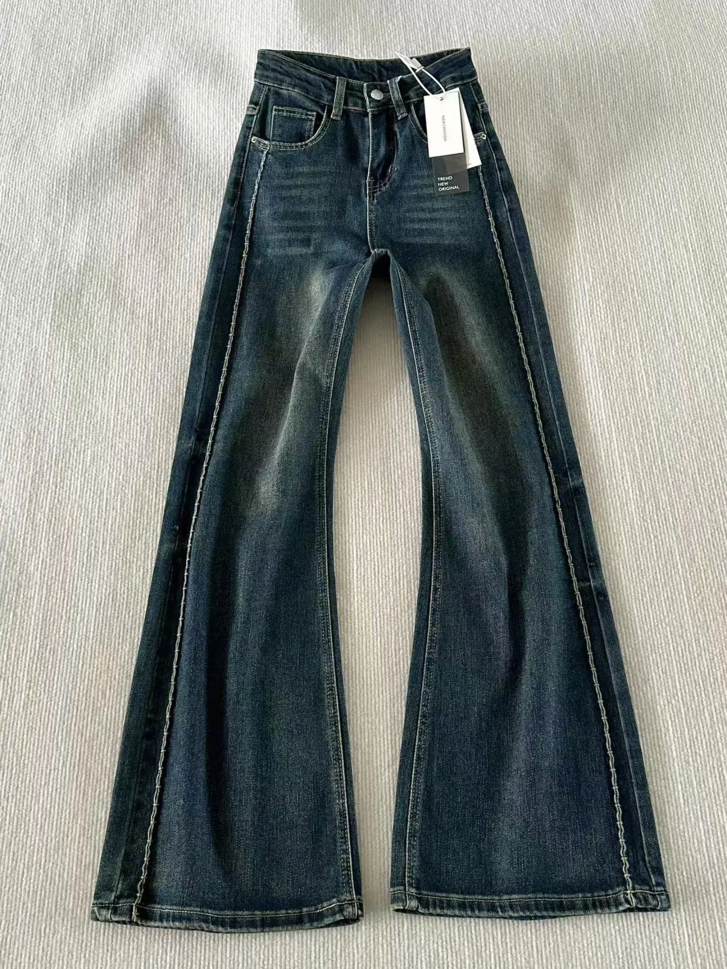 American Retro Blue Bell Bottom Jeans Women's New Large Size Loose Slimming High Waist Wide Leg Pants Casual Straight Leg