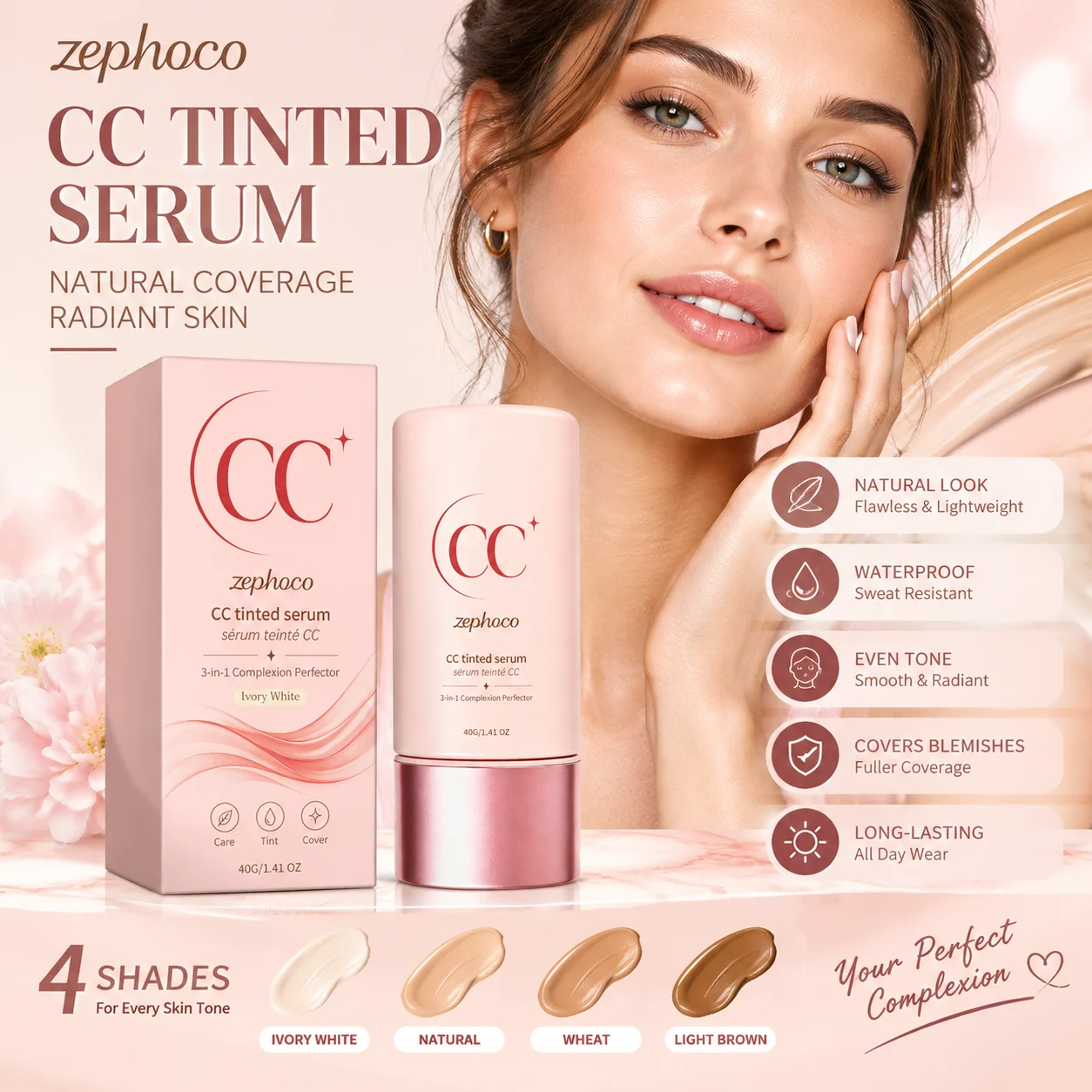 Zephoco Cc Tinted Serum Color Correcting Invisible Pores Redness Face Removal 3 in 1 High Coverage Foundation Cc Cream Concealer