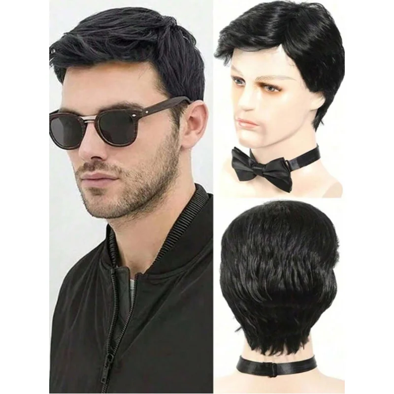 Synthetic 10 Inch Brown Short Layered Wig With Bangs For Men, Natural Hairstyle For Daily Wearing & Halloween Cosplay Costume