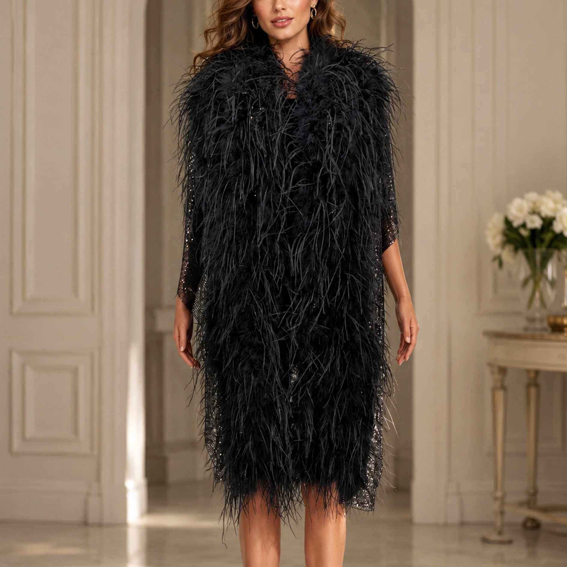 

Women's Sparkly Mesh Cape with Feather Trim, Elegant Sequined Shawl Wrap for Wedding Party, Luxury Fur Collar Poncho 26A0422