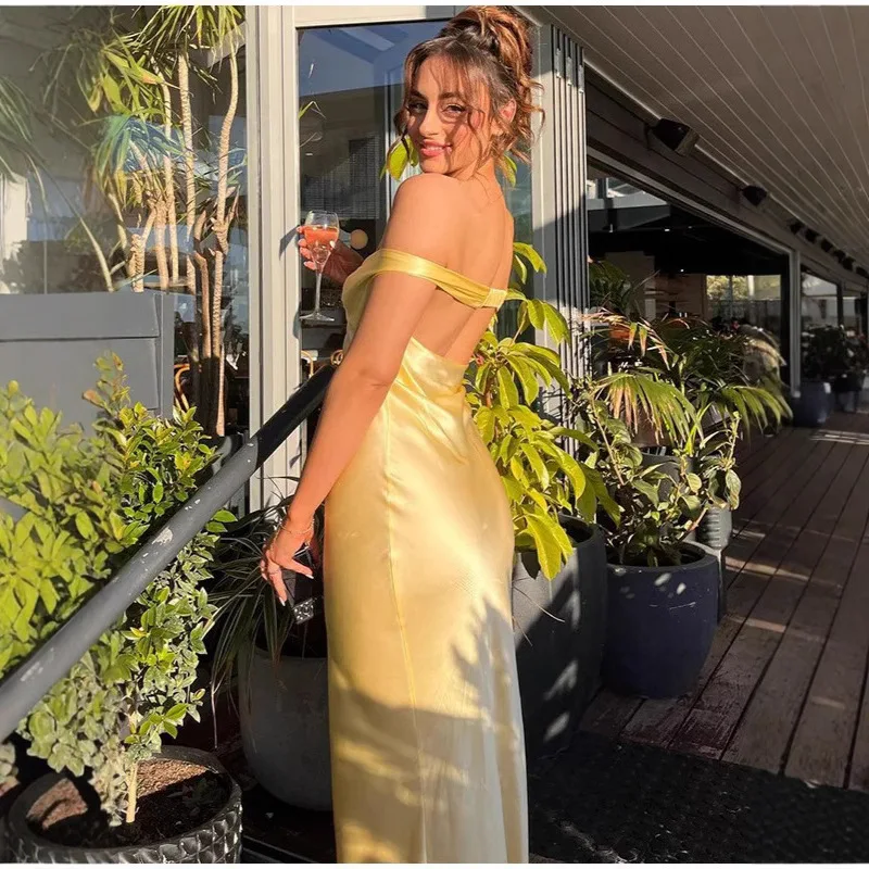 Women Solid Satin Backless Sexy Long Dress Fashion Sleeveless Bodycon Spaghetti Strap Dresses 2025 New Vocation Party Vestidos