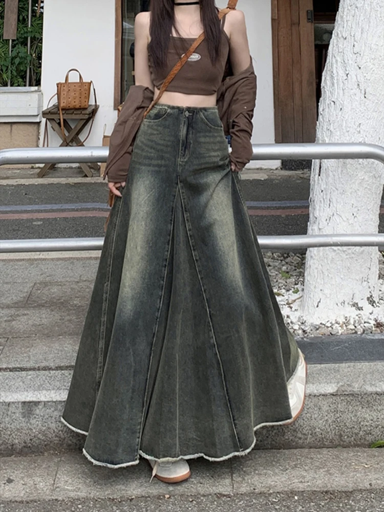 

Maxi Long Skirts Women England Style Vintage Autumn Winter High Waist Jean Skirt Ladies A-Line Ruffle Pleated Denim Skirt