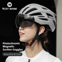 WEST BIKING Magnetic Suction Lens Bicycle Helmet Photochromic Goggles Sun Visor Lens Men Women Safety Cycling Cap With LED Light