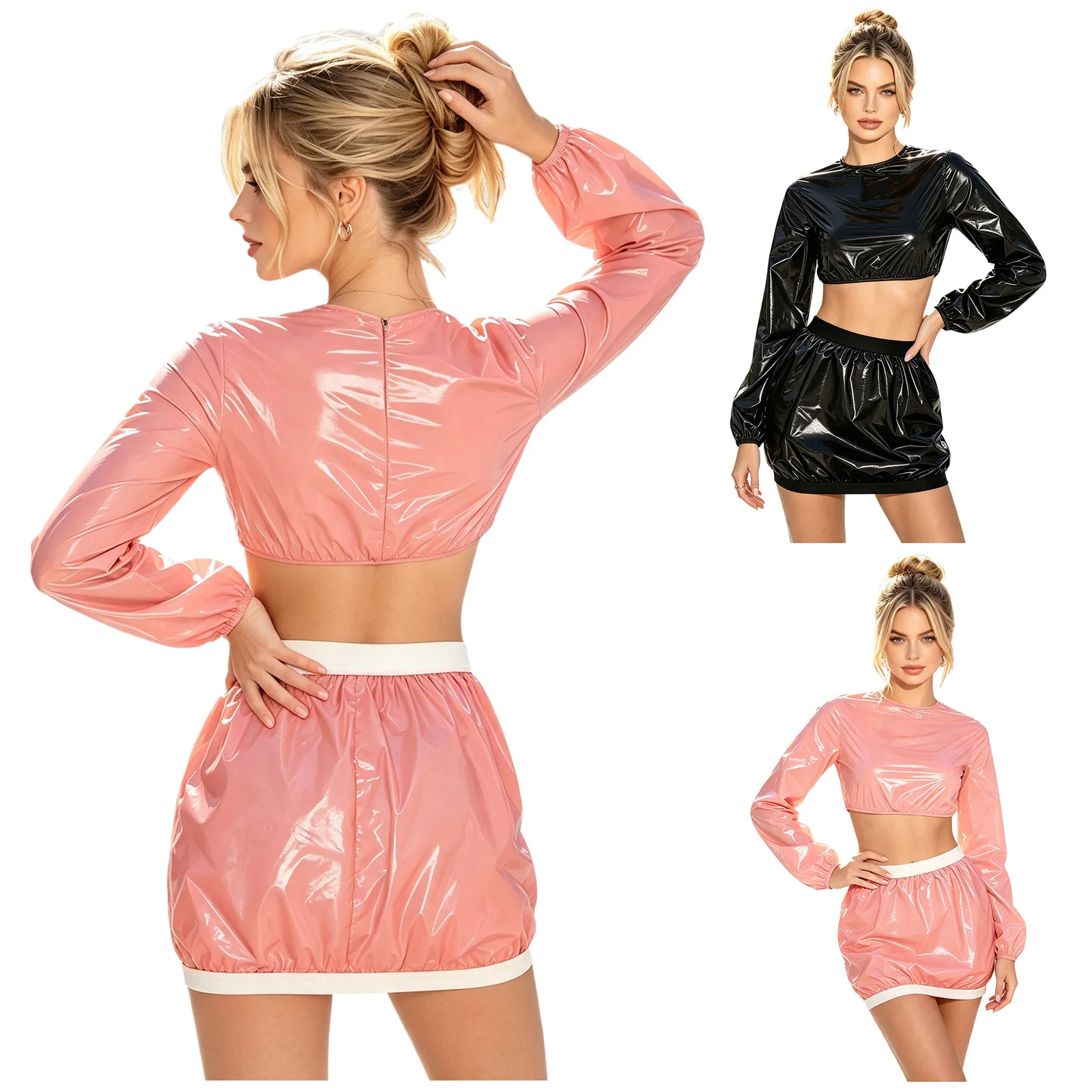 Women Waterproof Long Sleeve Crop Top Back Zipper with Cover Up Skirt 2 Piece Swimwear Set for Pool Party Club Summer