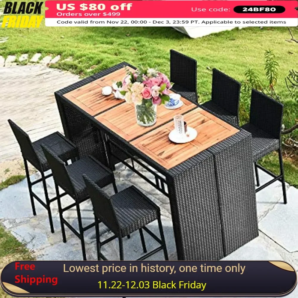

Garden Table, Set of 7, Outdoor Wicker Furniture with Bar Top and Removable Cushions for Deck, Backyard, Patio Dining Table Set