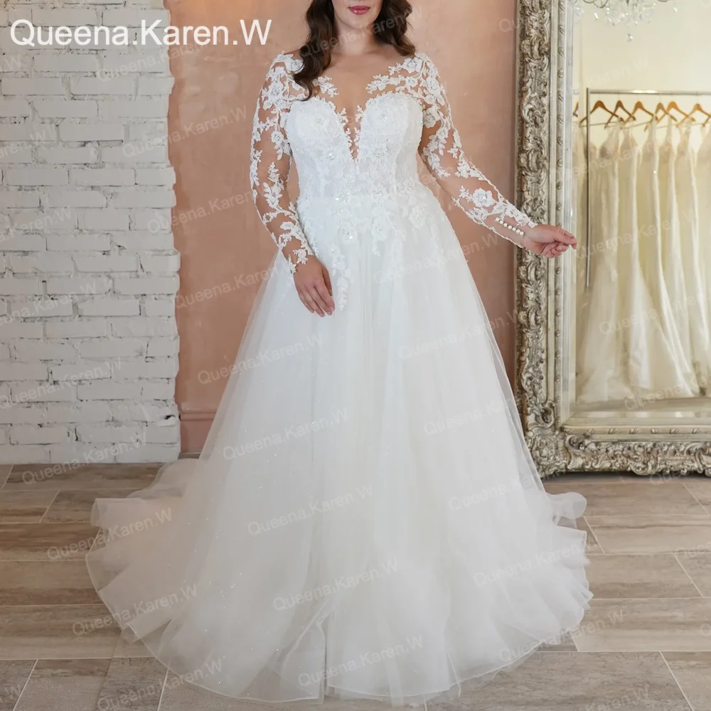 

Elegant A line Wedding Dress long sleeve sweetheart neckline lace applique bride dress robe de mariee A line Wedding Bridal Gown