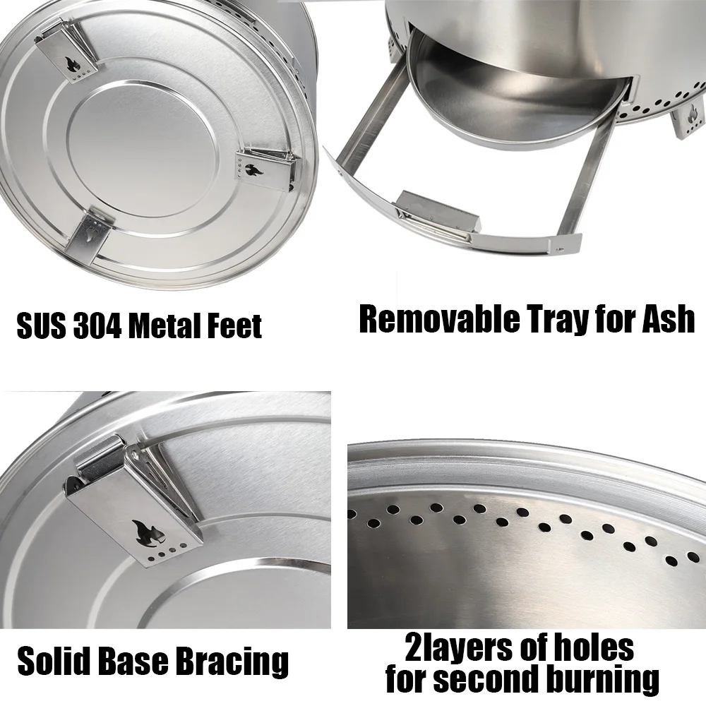 19 Inch Smokeless Stainless Steel Brazier Stove for Wood Burning Portable Camping Fire Pit