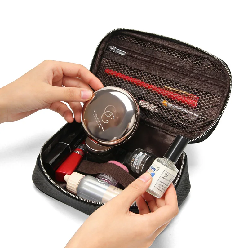 Makeup Bag for Girl, Portable Leather Cosmetic Bag,Makeup Pouch with Mesh Pocket, Multi-Functional Toiletry Organizer for Travel