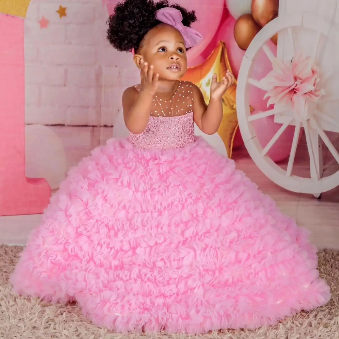 

Luxury Pink Flower Girl Dresses Beaded Birthday Party Dress Tiered Tulle Ruffles Princess Gowns for Photoshoot