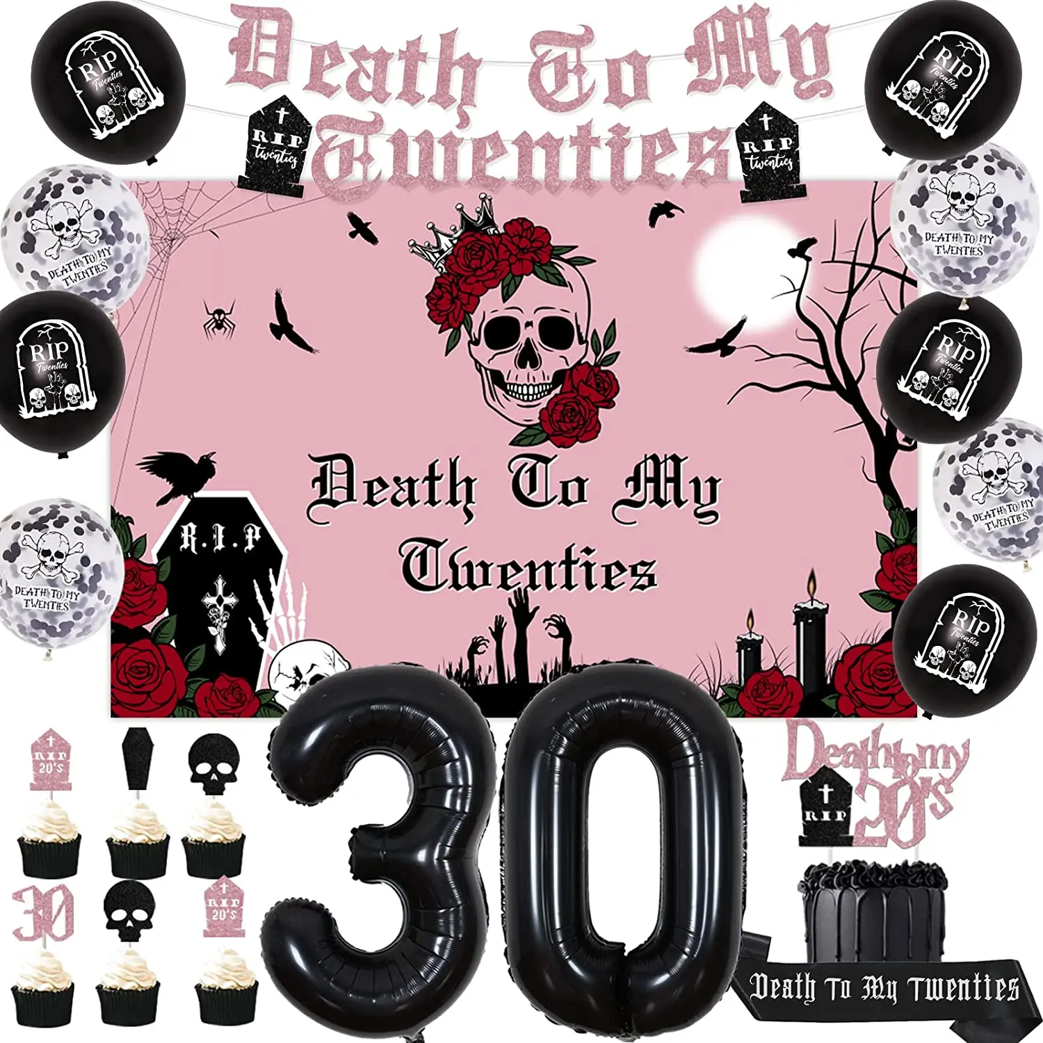 

Death To My Twenties 30th Birthday Decoration for Women Death To My 20s Backdrop Banenr Sash Rip To My 20s Balloons Cake Topper