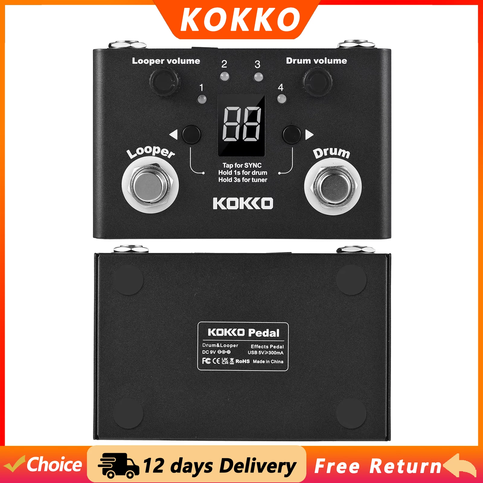 KOKKO FLD-1 Drum Machine & Looper Electric Guitar Effect Pedal Digital Tuner Multifunctional Phrase Loop Recording Compact Pedal