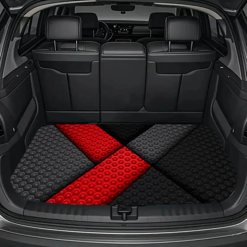 1pc Hexagonal Black And Red Printed Trunk Mat - Durable Polyester Floor Liner, Safe And Practical, Suitable For Daily Travel, Li
