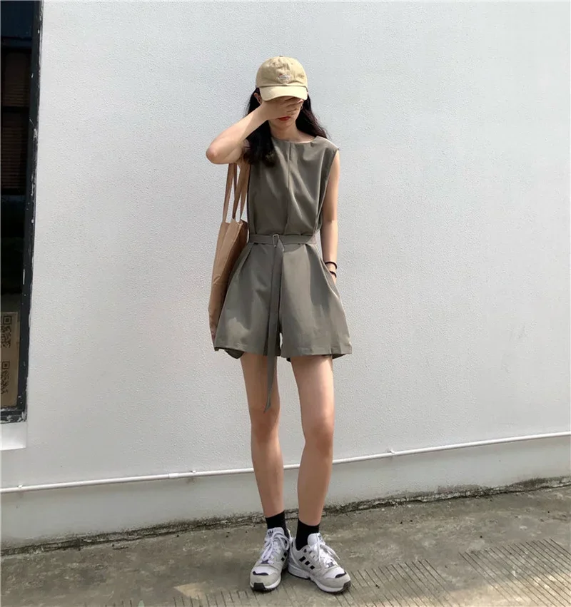 

Women Summer High Waist Wide Leg Jumpsuit Overalls Shorts Casual Fashion Solid Sashes Loose Female Romper One Piece Outfit Black