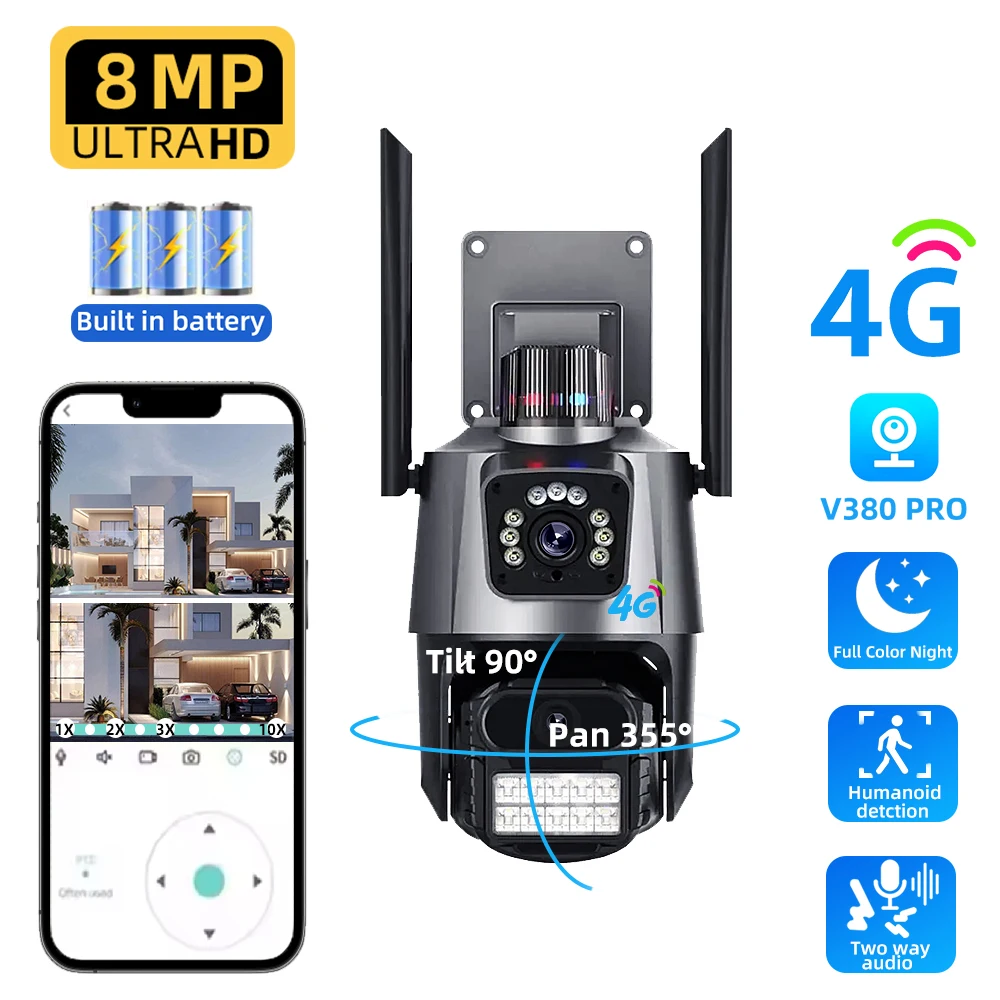 

V380 Pro 4G SIM Outdoor Security Camera 8MP HD PIR Motion Detection Auto Tracking Night Vision Battery CCTV