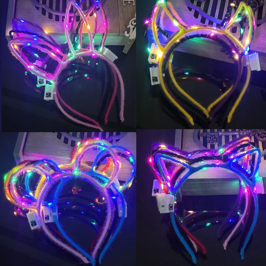 Diadema de ratán con orejas de conejo y gato brillante, diadema de flores iluminadas, suministros para fiestas de cumpleaños y bodas, 10/20/30 piezas