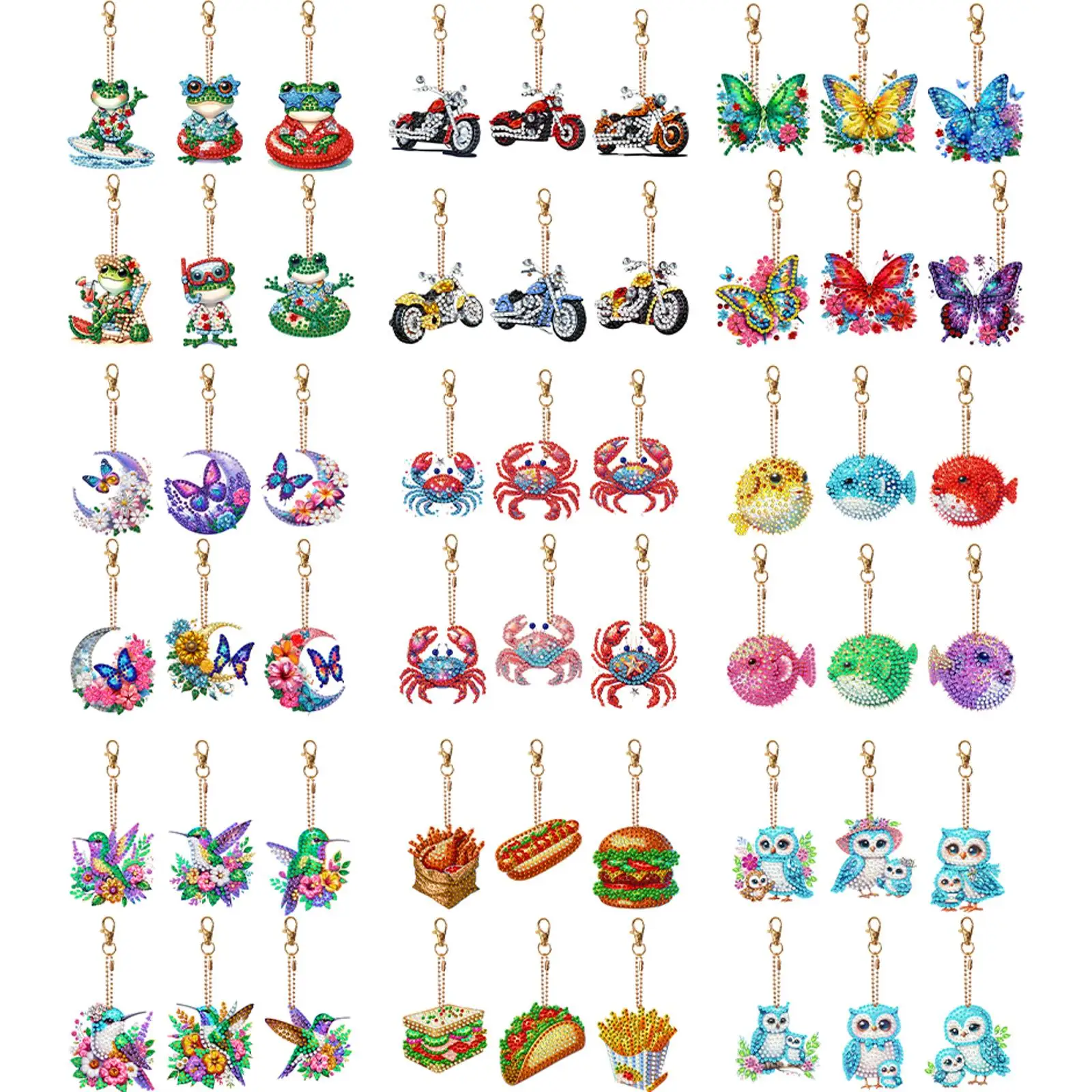 

6Pcs Double Sided Special Shaped Animal Motorcycle Food Diamond Art Keyring Diamond Painting Art Keychain Pendant for Adults