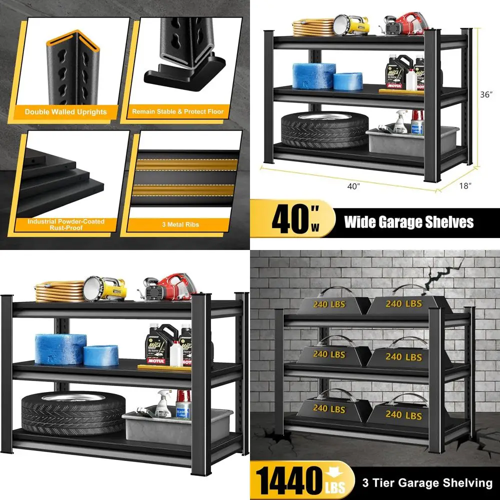 

3-Tier Heavy Duty Metal Garage Shelving, 40W x 18D x 36H, Supports 1440lbs, Black Industrial Utility Storage Rack