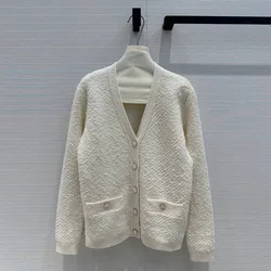 2024 New Fashion 92% Wool Beige Crochet Loose Casual Knit Cardigans Women V-neck Long Sleeve Enamel Buttons Pockets Chic Sweater