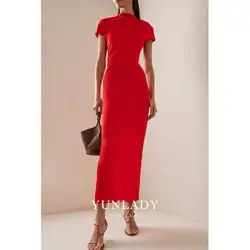 YUNLAN Sexy Red Skinny Crepe Mermaid Evening Dress 2024 Muslim Ladies Wedding Guest Ankle Midi Skirt Daily Home Reunion Dress