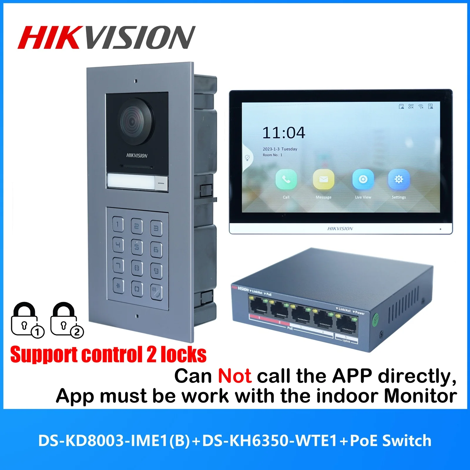 HIKVISION mehrsprachiges 802.11af Poe Video Intercom Kit, inklusive DS-KD8003-IME1 (b) & DS-KH6350-WTE1 & Poe Switch