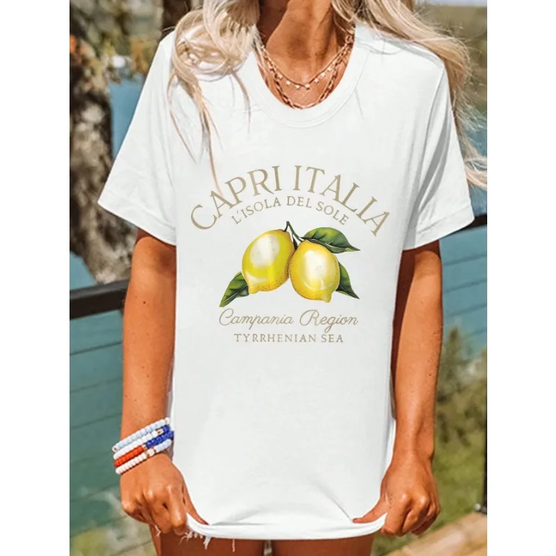 Fruit Lemon Letter Print Fashion Cotton Street Print Plus Size Comfort Round Neck Tee Casual Women's T-Shirt