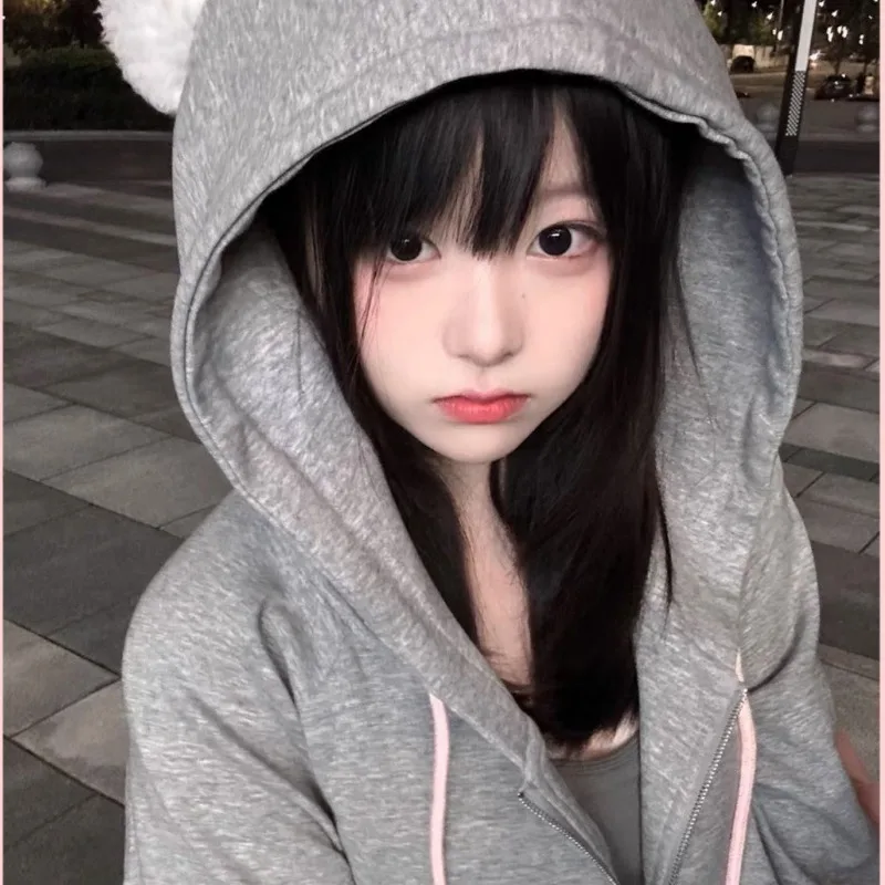 Y2k Women\'s Hoodie Jacket Cute Sweet Kawaii Cat Bow Tie Strap Plush Cardigan Jacket Hooded Sweatshirt Ins Pocket Zipper Coats