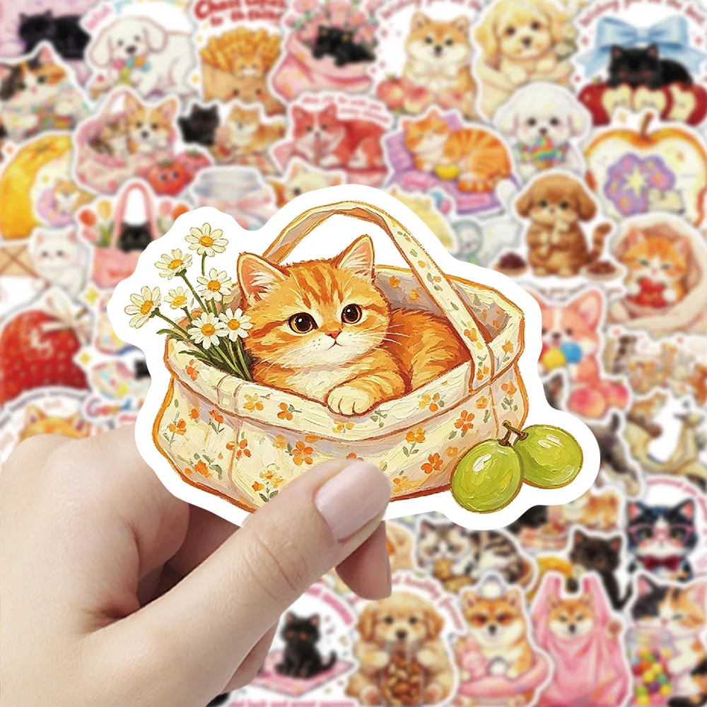50 PCS Oil Painting Style Cute Cat Dog Pet Stickers Pack Decorate Luggage Storage Box Laptop Scrapbook Non Repeated Decals