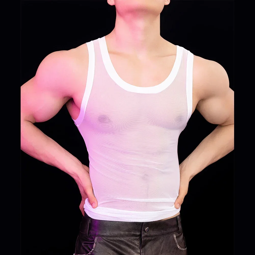 Mens Sleeveless Tight Fitting See-Through Mesh T Shirt Tank Tops Sports Vest Party Nightclubs Lightweight Breathable Men\'s Vest