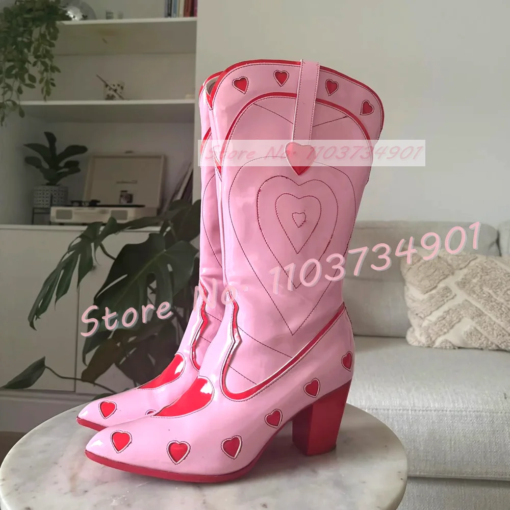 

Pink Heart Decals Western Mid Boots Women Novelty Pointy Toe Block High Heels Leather Splicing Shoes Summer Trending Girls Boots