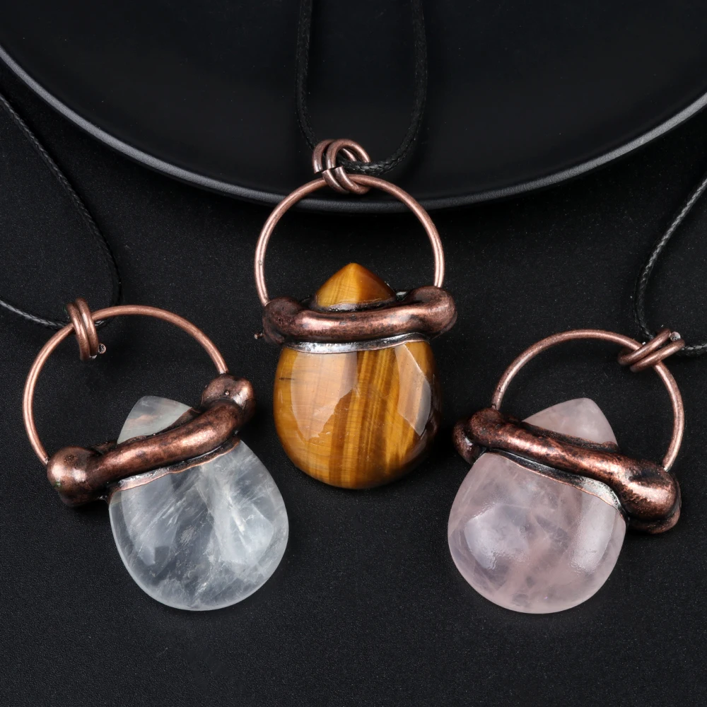 Natural Stone Necklace Crystal Pendant Thread Rope Wrap Water Drop Lapis Rose Quartz Onyx Amethyst For Women Fashion Jewelry 1pc