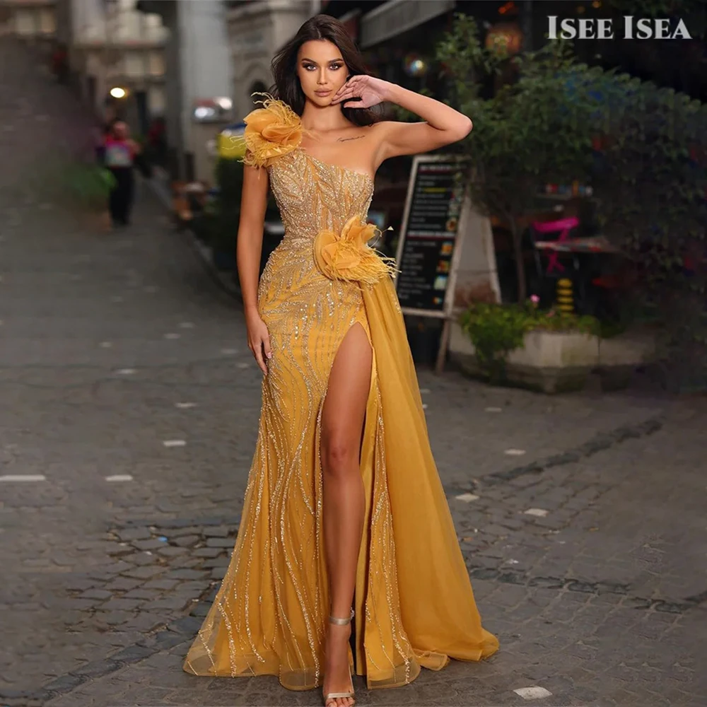 

Shiny Mermaid Evening Dresses Beaded Prom Gown Side Slit One Shoulder vestidos de gala 3D flower Wedding Guest Dress Customized