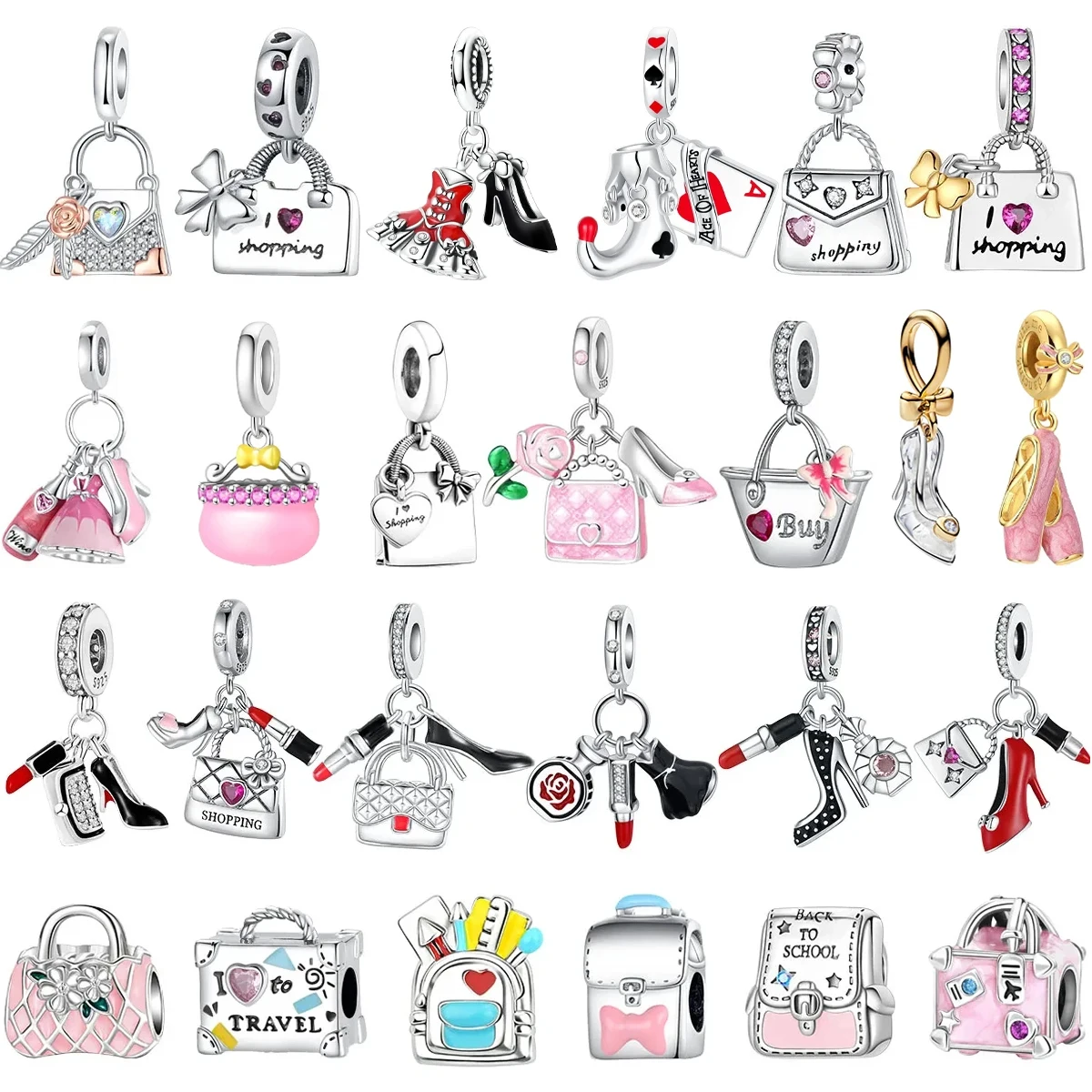 

Romantic 925 Sterling Silver Lipstick Shoes Bag Charms Backpack Beads Pendant Fit Womens Bracelet Necklace DIY Fine Jewelry Gift