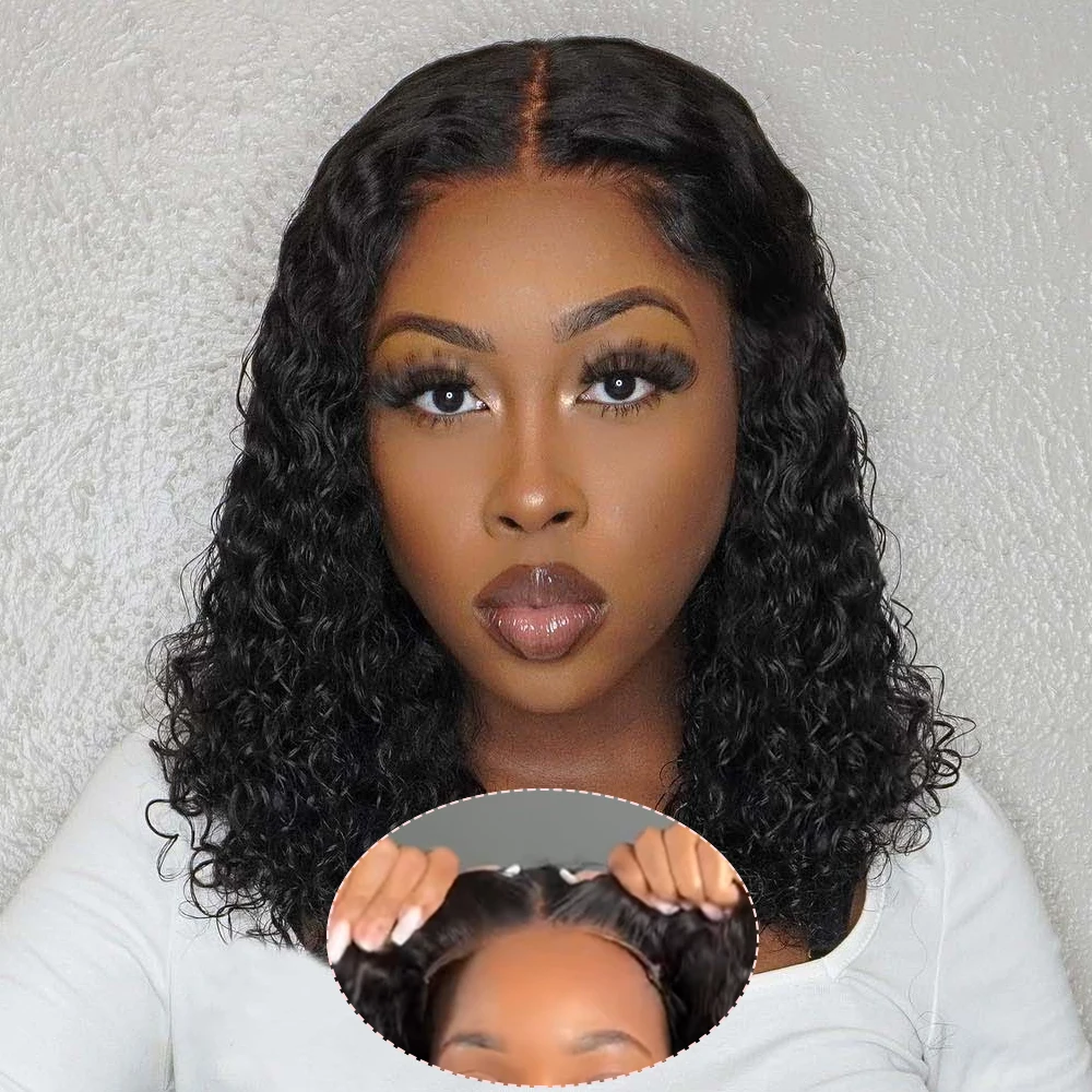 

Wear And Go Deep Wave Glueless Wigs Human Hair Ready to Wear Curly Bob Wig Lace Front Wigs Pre Plucked Pre Cut Lace Closure Wigs
