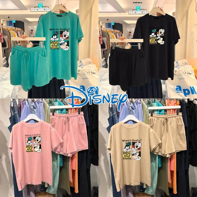 

2-piece Disney Mickey Short Sleeve Tops Shorts Set Cartoon T-shirt Sportswear Women Summer Loose Tee Shirt Casual Sports Suit