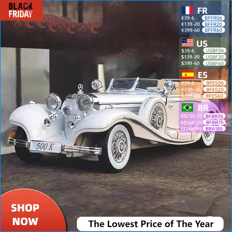 1:18 1936 Mercedes Benz 500K Classic Vintage Vehicle Alloy Metal Diecast Car Model Sound and Light Collection Hobby Gift For Boy