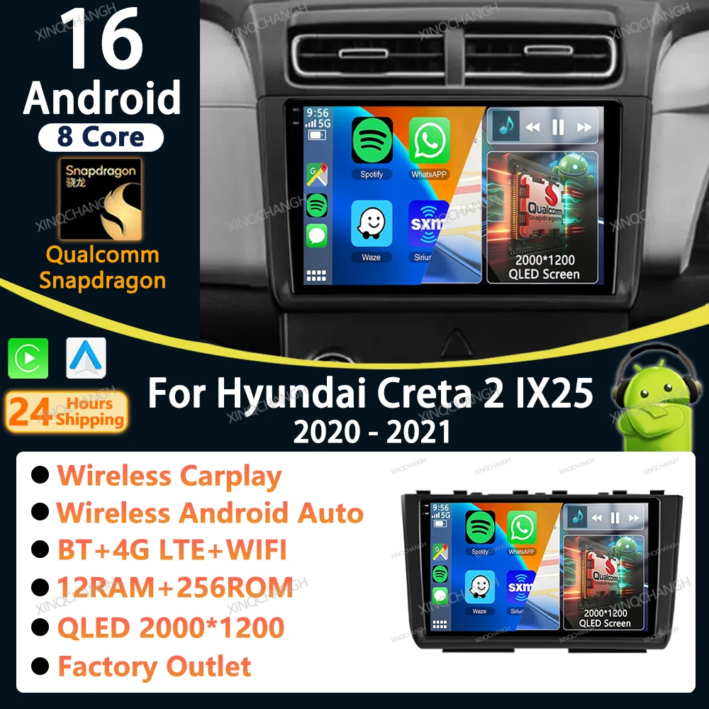Android 16 Car Radio Carplay Auto For Hyundai Creta 2 IX25 2020 - 2021 Multimedia Video Player Stereo Qualcomm Navigation QLED