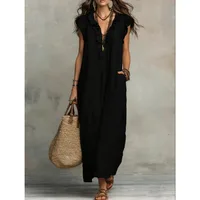 Women's Retro Bohemian Ruffle Linen Maxi Dress, Ruffle V-Neck Sleeveless Loose Summer Dress with Pockets, Summer Casual High-Waist Loose Beach Maxi Dress, Sunny Dress with Flutter Sleeves and Floor-Length Skirt - Image 2